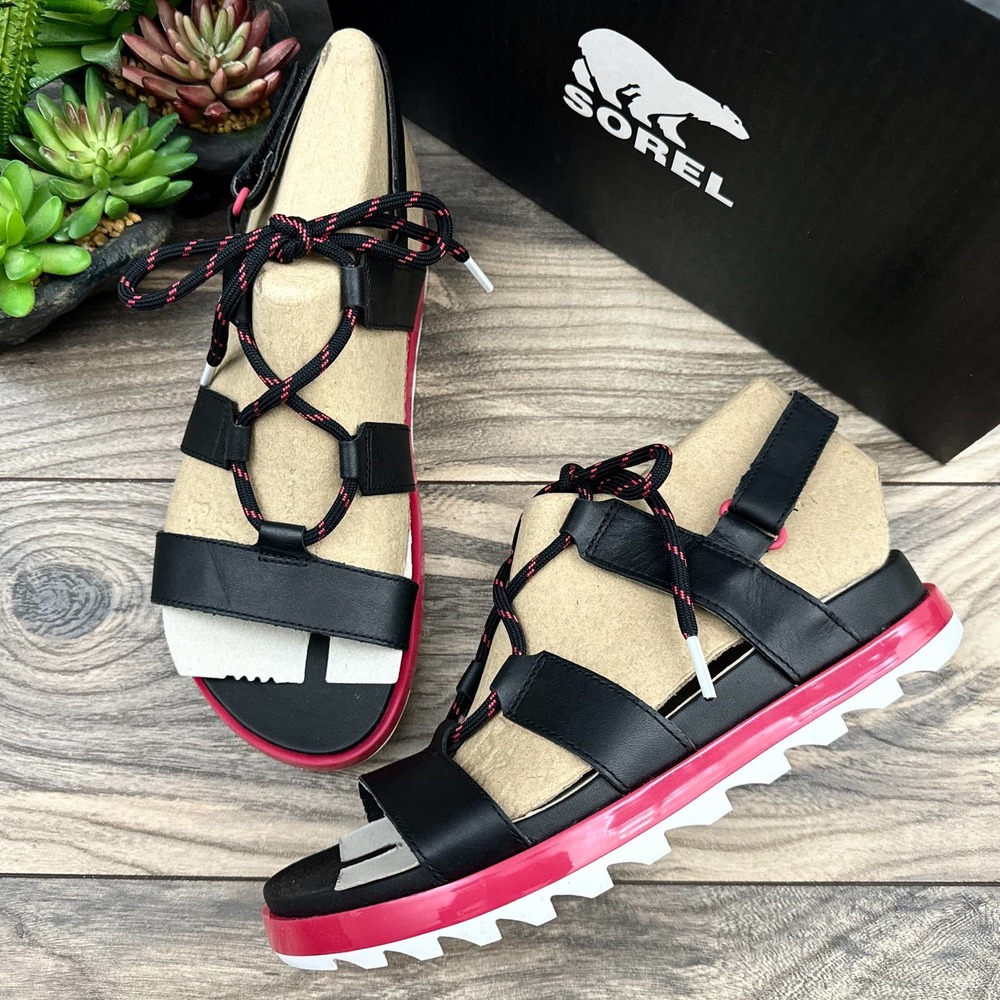 NIB Sorel Roaming Lace 7.5 Slingback Gladiator Flat Leather Sandals Black Pink - Picture 2 of 12